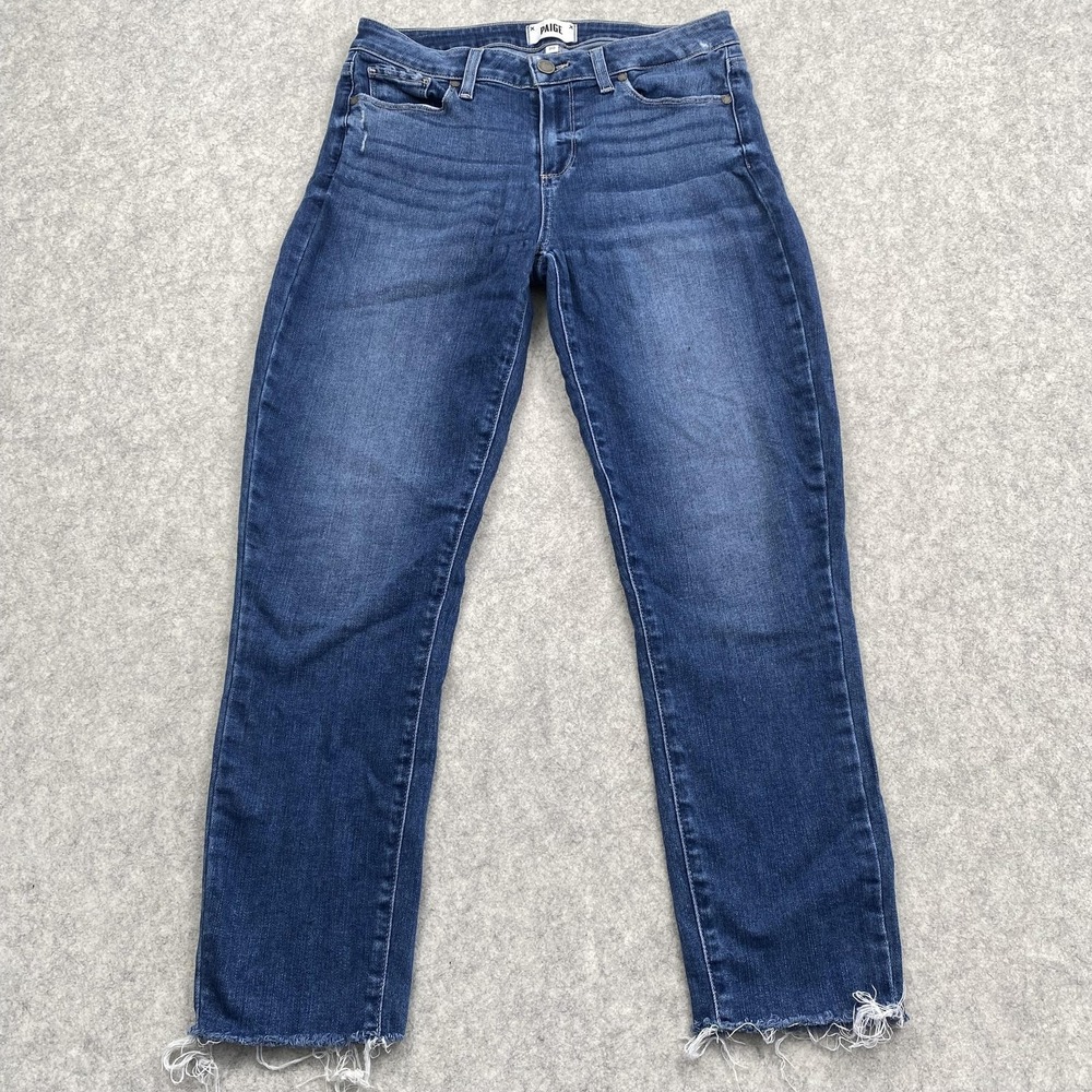 Paige Kylie Crop Jeans Womens 30 (29x25) Blue Med Wash Fringe Hem Distressed